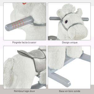 Cheval à bascule - effets sonores, peluche ourson inclus - poignées structure bois peuplier gris peluche courte douce blanc