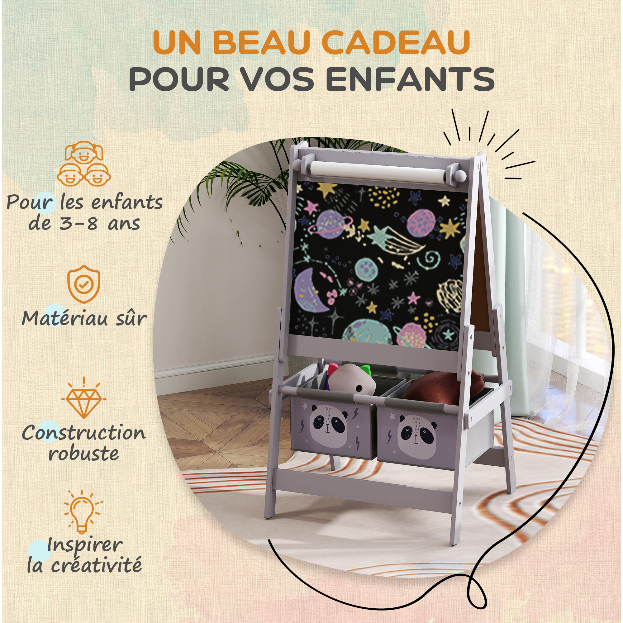 Tableau chevalet enfant - tableau blanc, tableau à craie, rouleau papier 3 en 1 - paniers rangement intégrés - MDF pin gris