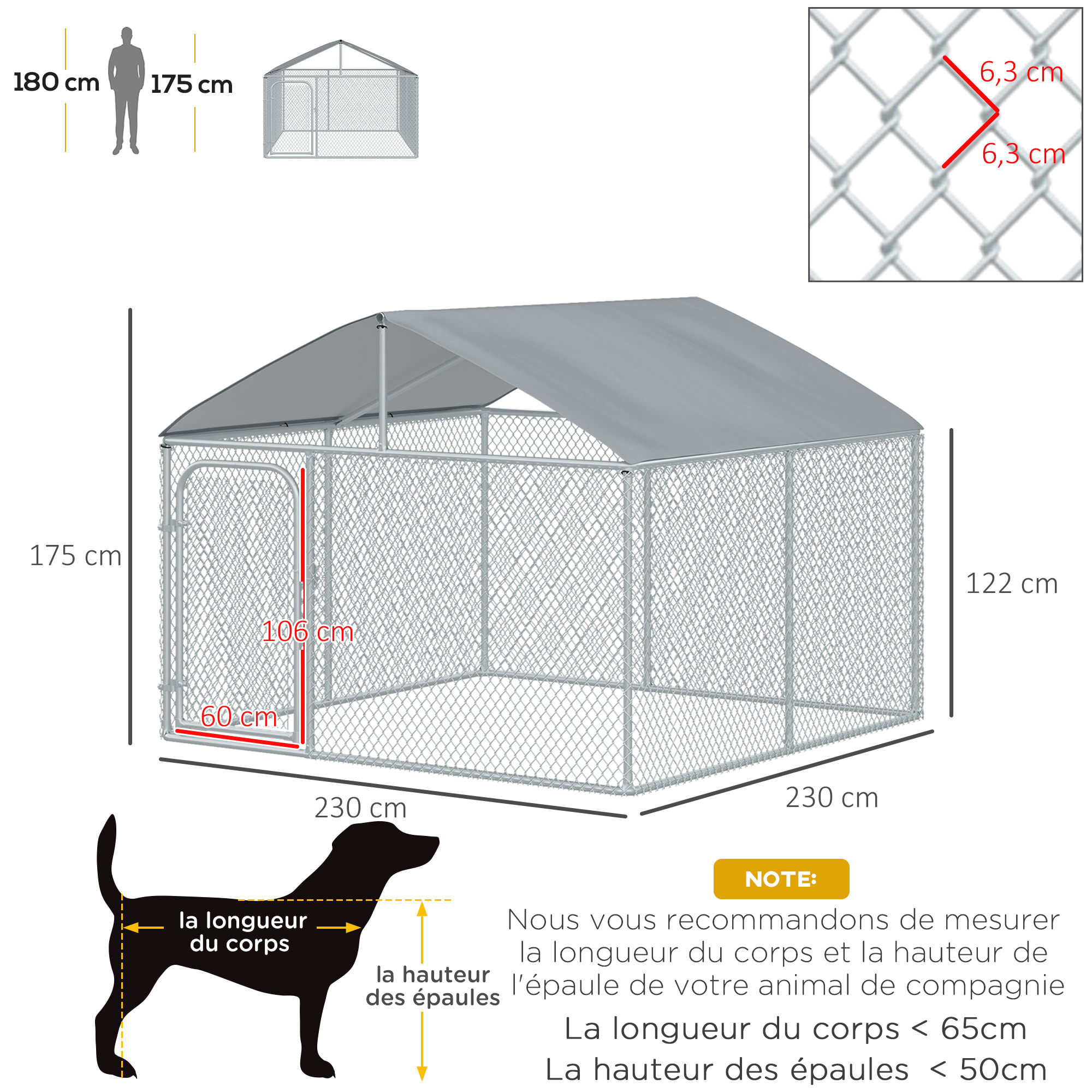 Chenil extérieur avec toit pour chien 5 m² - parc grillagé 230 x 230 x 175 cm - espace couvert - acier galvanisé