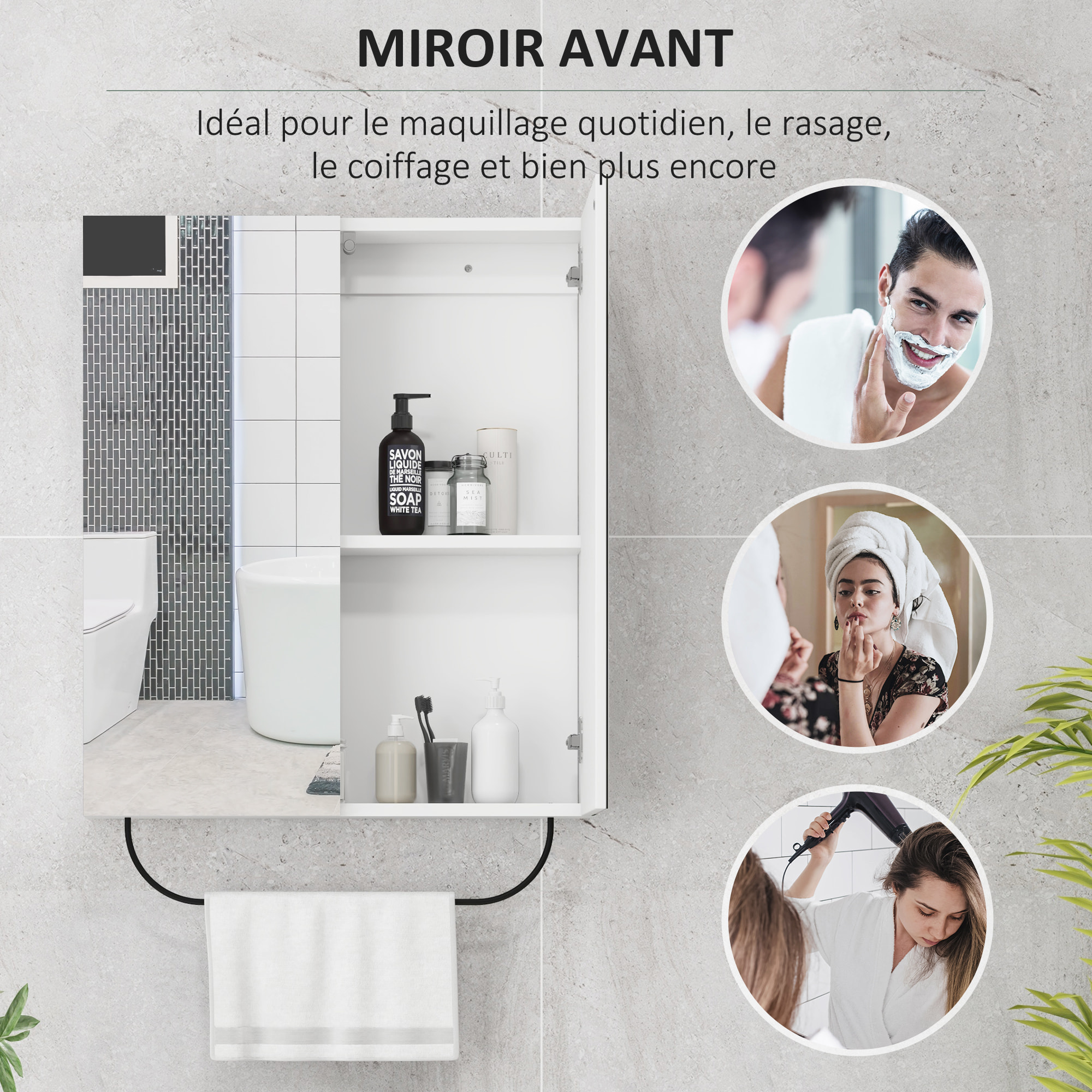 Armoire murale miroir salle de bain - 2 portes, étagère réglable, porte-serviette - acier noir panneaux blanc verre