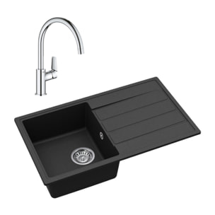 76x44 cm évier avec égouttoir réversible en Granite, à encastrer, noir + mitigeur lavabo/cuisine Grohe StartEdge (SATSE3BG313)