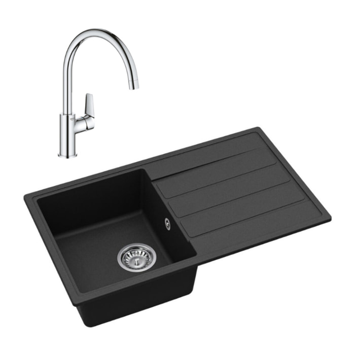 76x44 cm évier avec égouttoir réversible en Granite, à encastrer, noir + mitigeur lavabo/cuisine Grohe StartEdge (SATSE3BG313)
