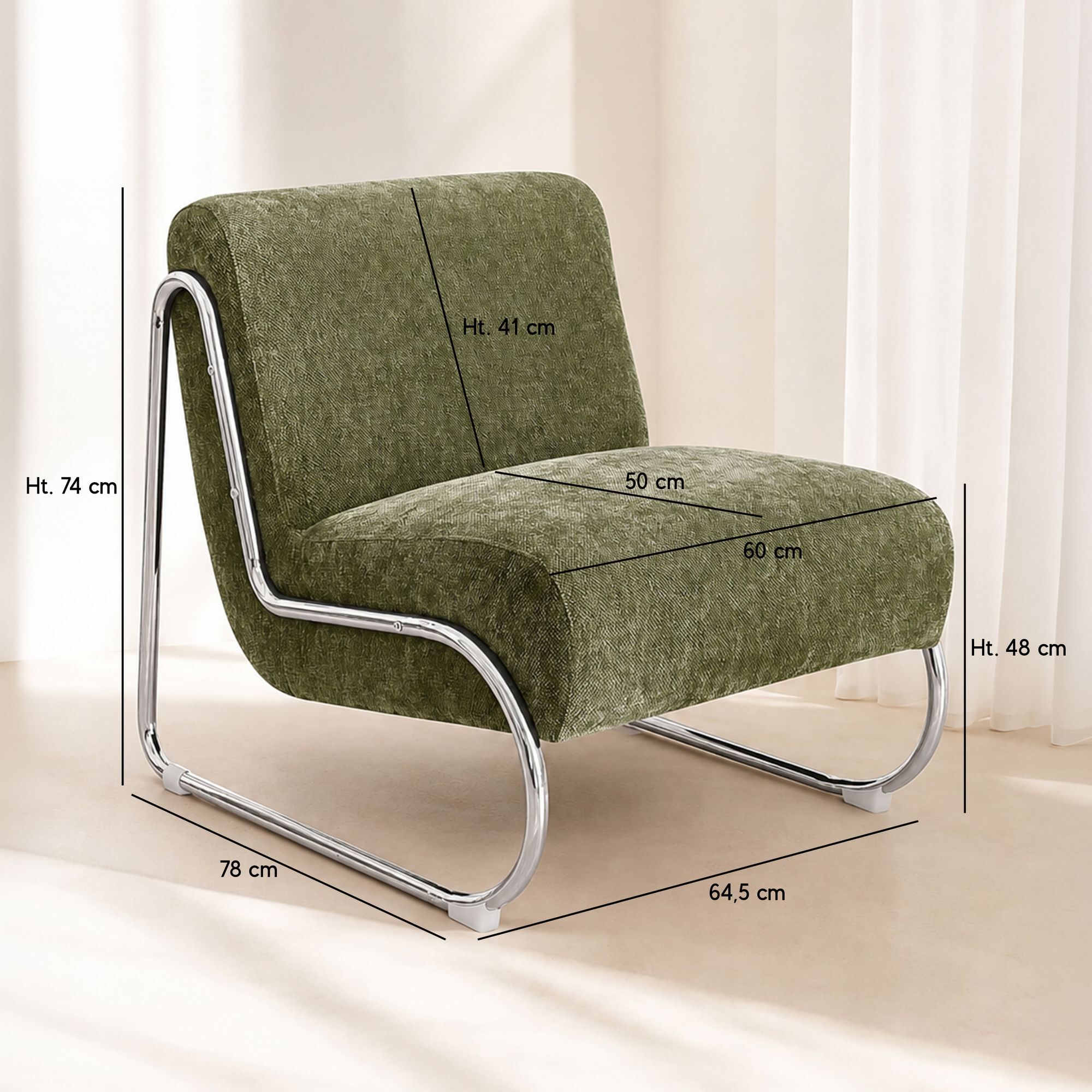 Fauteuil en tissu chenille et pied en métal vert HELIO