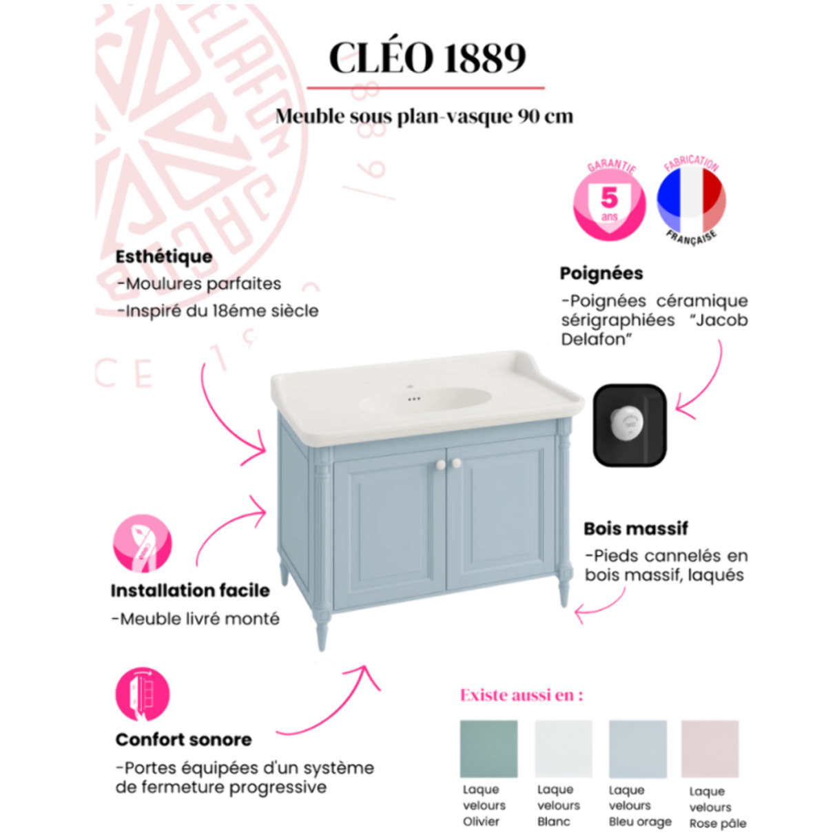 Meuble vasque Cléo 1889 bleu orage velours monotrou