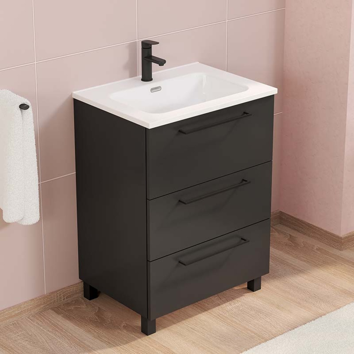 Conjunto de baño Haru | Mueble de baño con patas | 60 cm Negro| Tres cajones | Lavabo encastrado | No incluye espejo | Alday