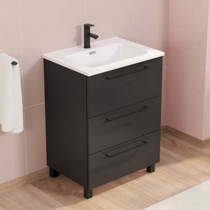 Conjunto de baño Haru | Mueble de baño con patas | 60 cm Negro| Tres cajones | Lavabo encastrado | No incluye espejo | Alday