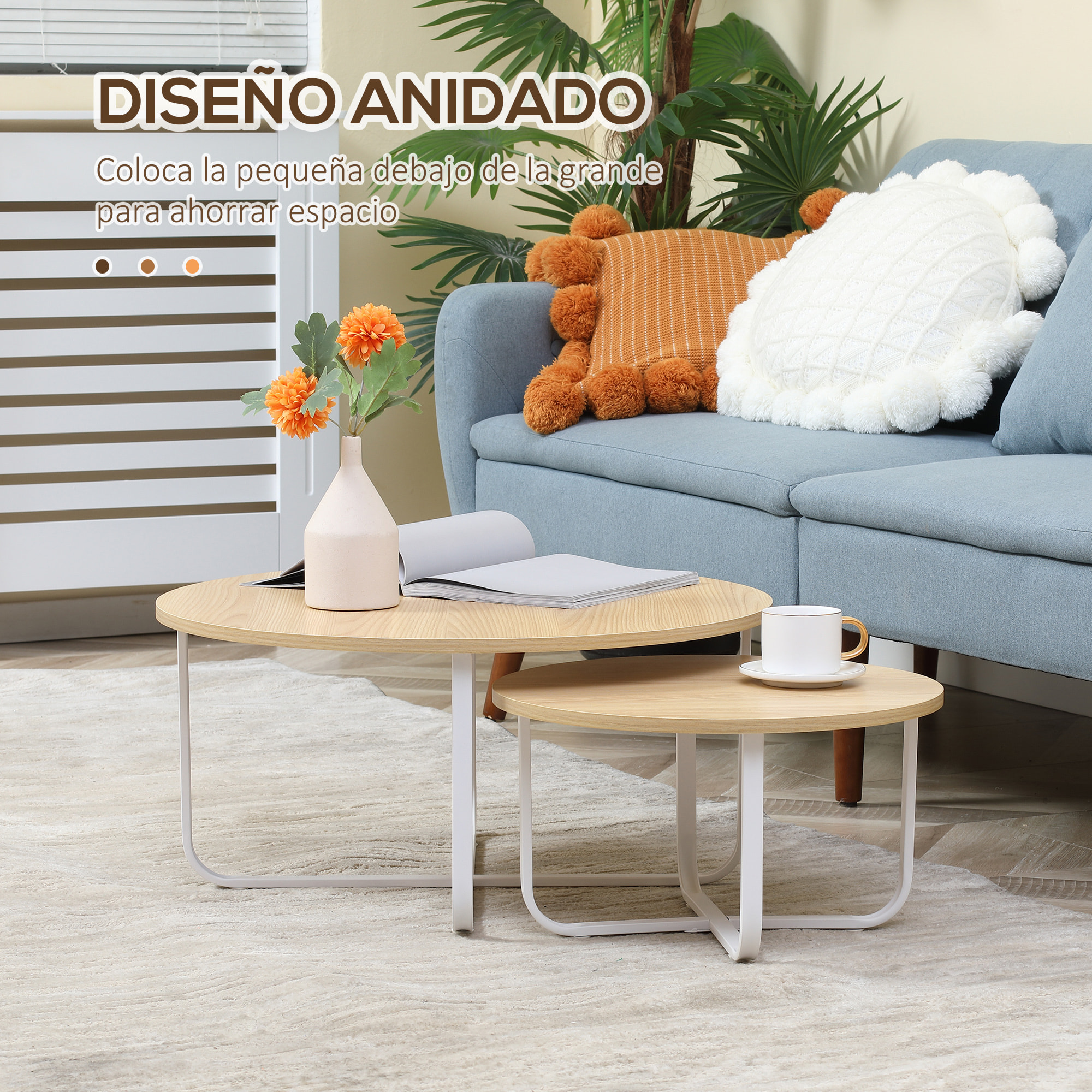 HOMCOM Juego de 2 Mesas de Centro Ø65x32 cm y Ø45x26 cm Mesas de Salón Redondas con Encimera de Madera y Patas de Metal para Domitorio Natural y Blanco