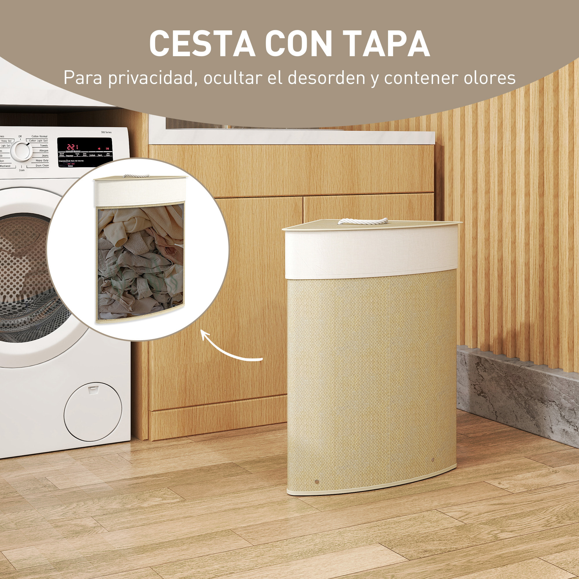 Cesto Ropa Sucia de Bambú para Esquina de 55L con Tapa y Asa, Cubo Ropa Sucia con Bolsa Extraíble y Lavable para Baño, Dormitorio, 35x35x60 cm, Crema
