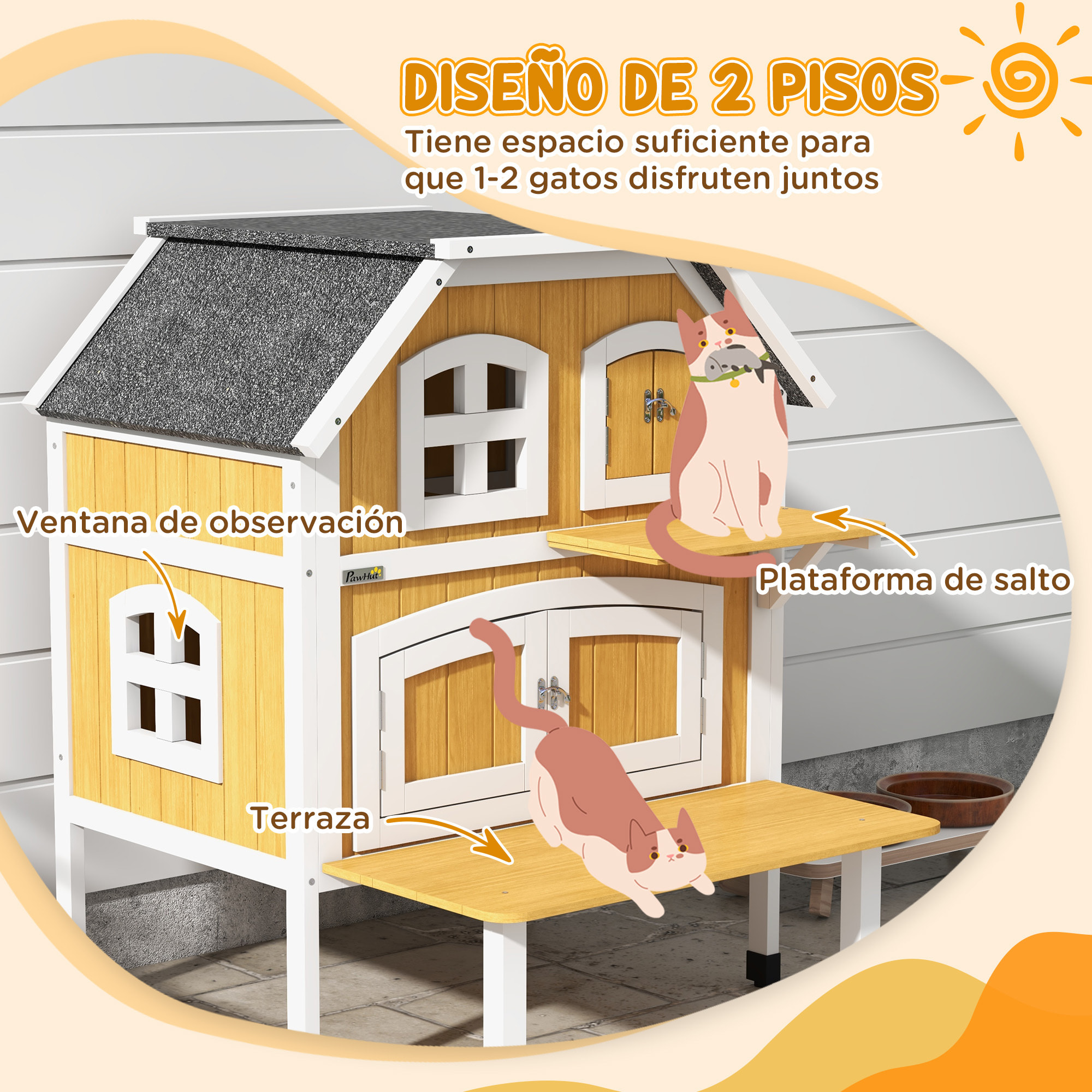 Casa para Gatos de Madera 78x82x93 cm Caseta para Gatos de 2 Niveles Refugio para Gatos con Techo Asfáltico Terraza y Plataforma de Salto Natural