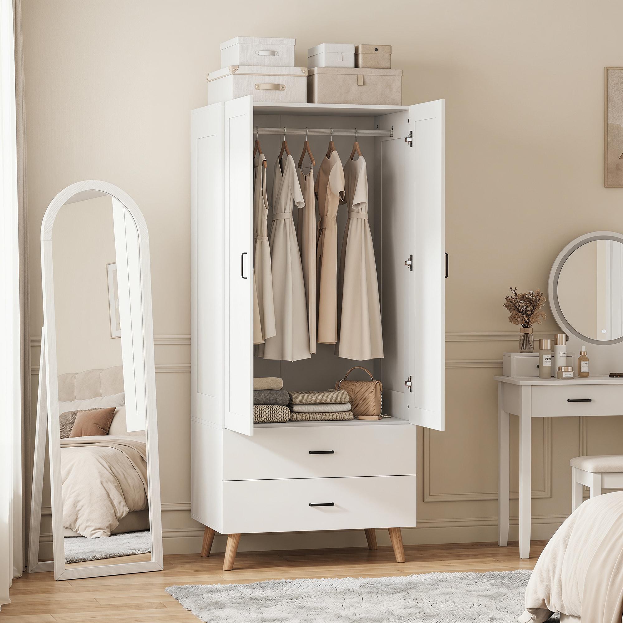 Armoire penderie 2 portes 2 tiroirs et barre de suspension, 80x54x180cm, blanc