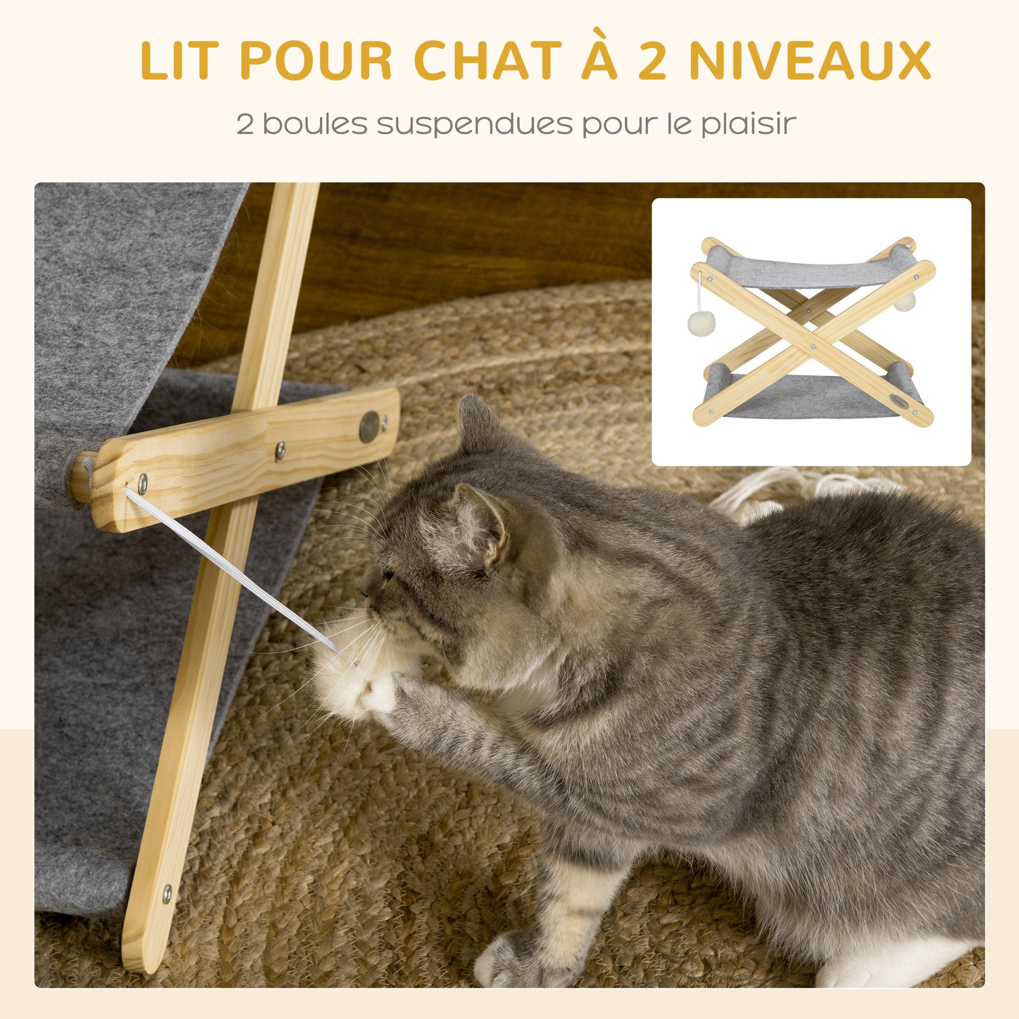 Lit pliable pour chat - hamac chat 2 niveaux - jeu 2 boules suspendues - bois de pin feutre gris