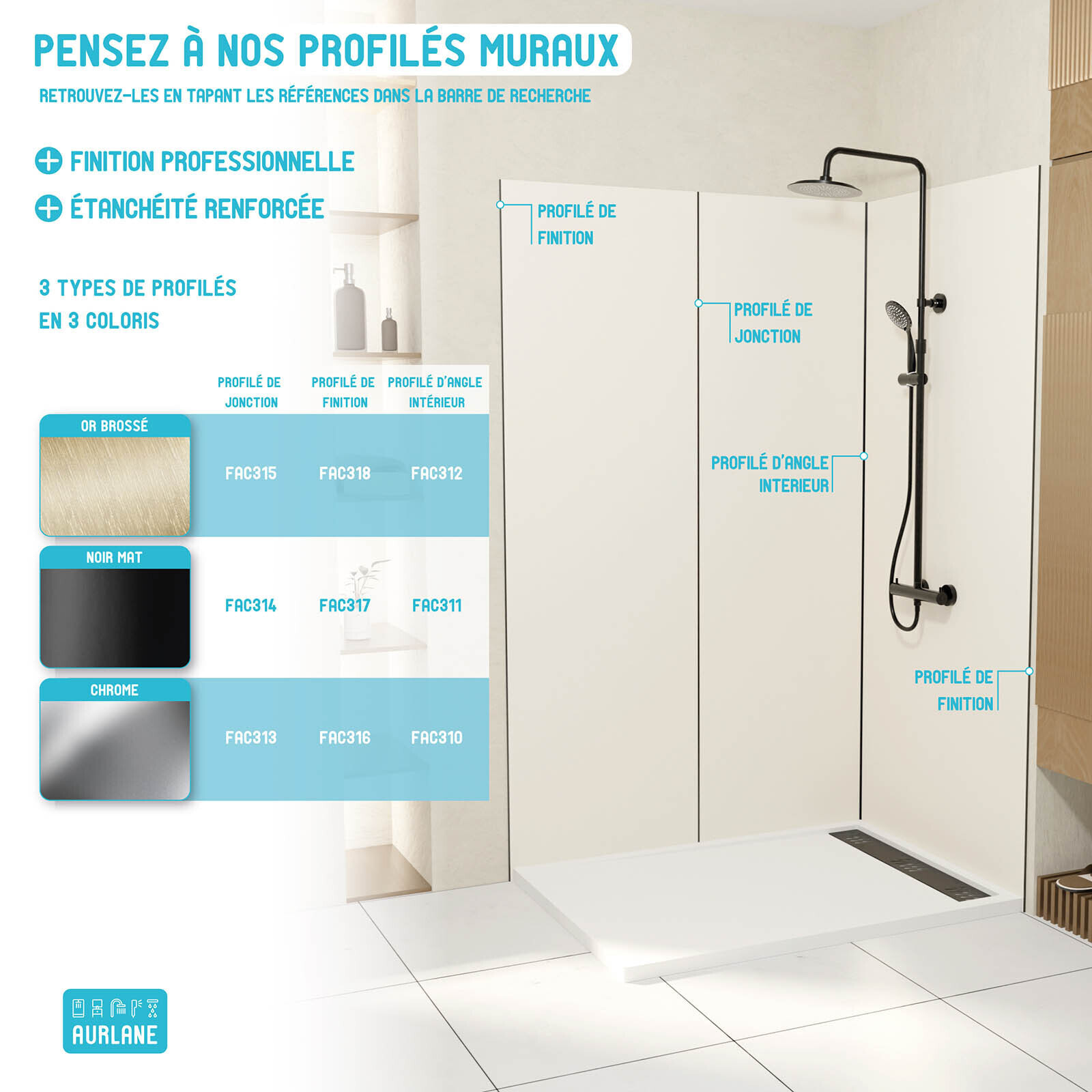 Jeu de 2 Profilés de finition en Aluminium Or Brossé pour Panneaux Muraux - 10x5x2100 mm