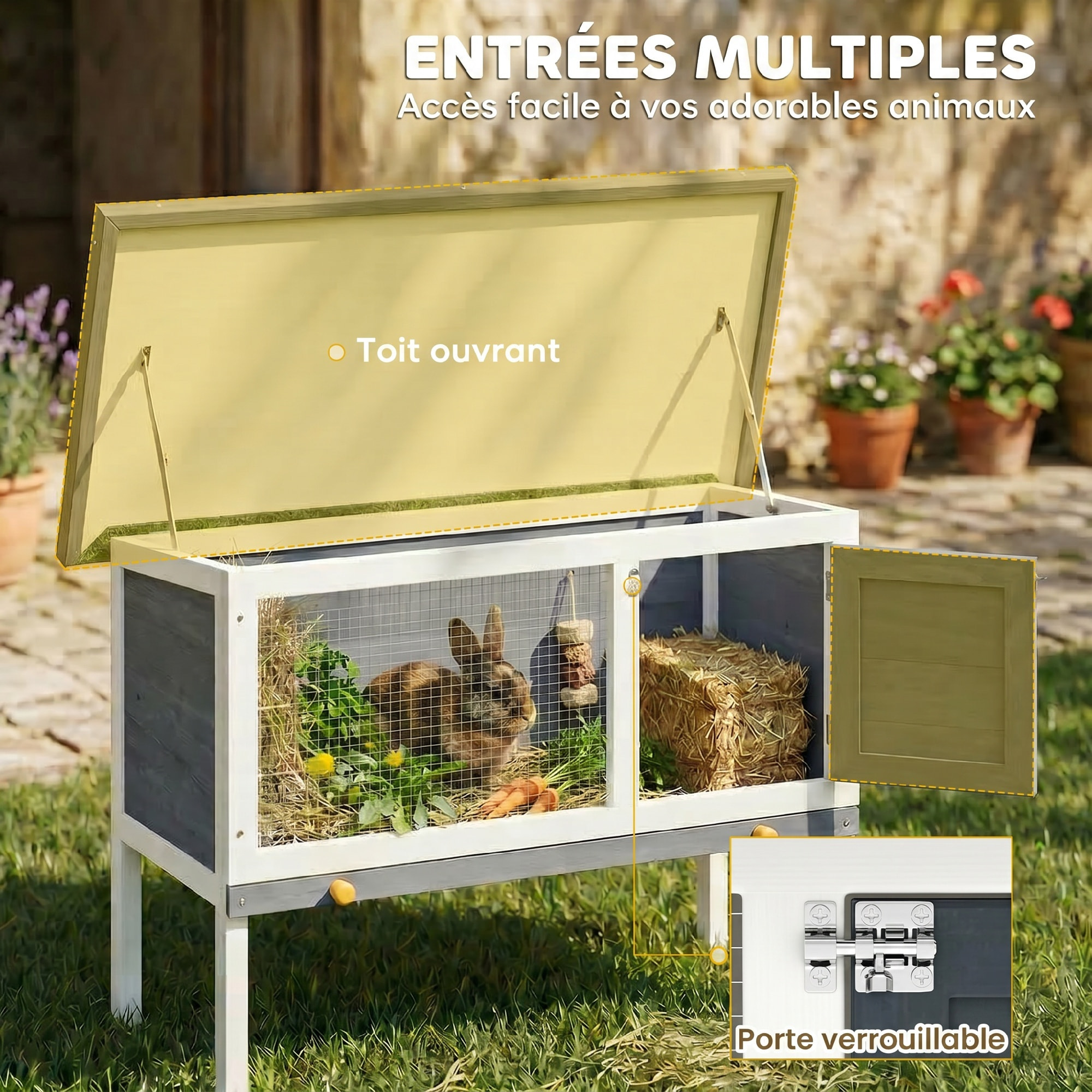Clapier sur pied cage à lapin avec niche intérieure toit ouvrant porte verrouillable dim. 90L x 45l x 65H cm gris blanc vert