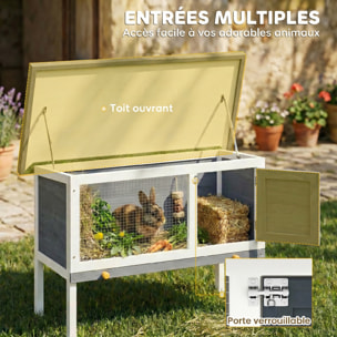 Clapier sur pied cage à lapin avec niche intérieure toit ouvrant porte verrouillable dim. 90L x 45l x 65H cm gris blanc vert