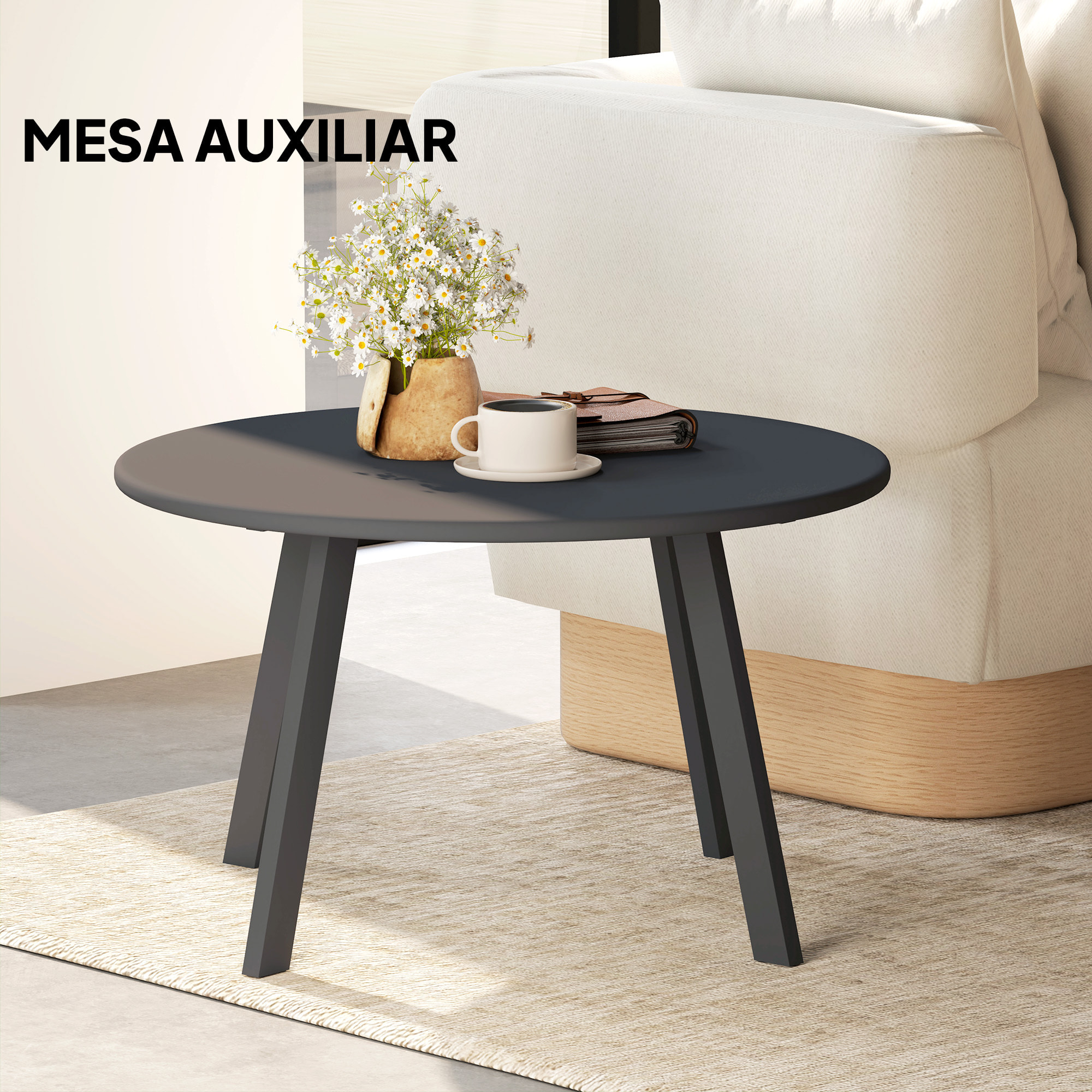 Mesa de Centro de Jardín Redonda de Metal Mesa Auxiliar con Bordes Redondeados Patas Antideslizantes Mesa de Café para Patio Balcón Salón Negro