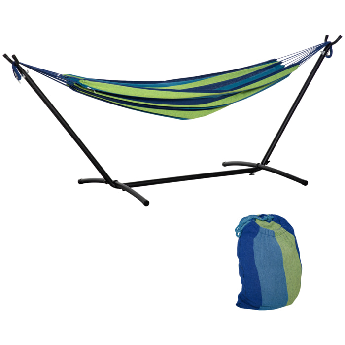 Hamaca con Soporte 298x117 cm Hamaca de Camping con Bolsa de Transporte Portátil Altura Ajustable Carga 120 kg para Patio Terraza Raya Verde