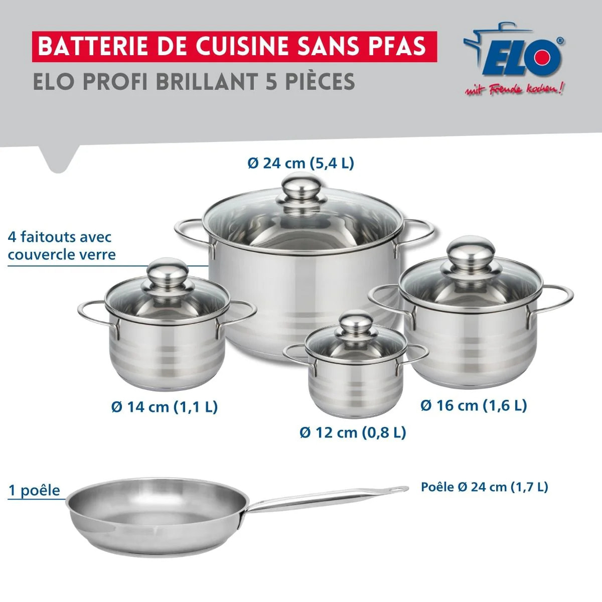 Ensemble de 1 Poêle de cuisson 24 cm et 4 faitouts 12, 14, 16 et 24 cm Elo Profi Brillant