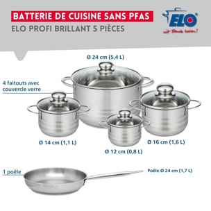 Ensemble de 1 Poêle de cuisson 24 cm et 4 faitouts 12, 14, 16 et 24 cm Elo Profi Brillant