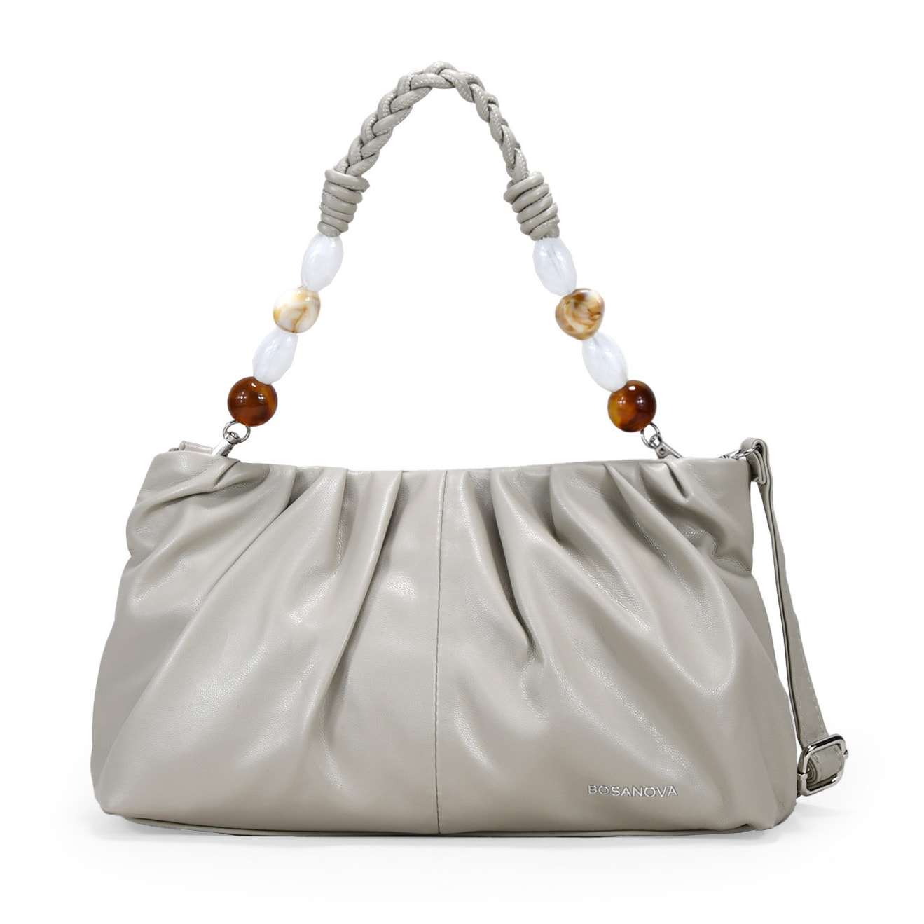 Bolso de mano beige con asa de cuentas