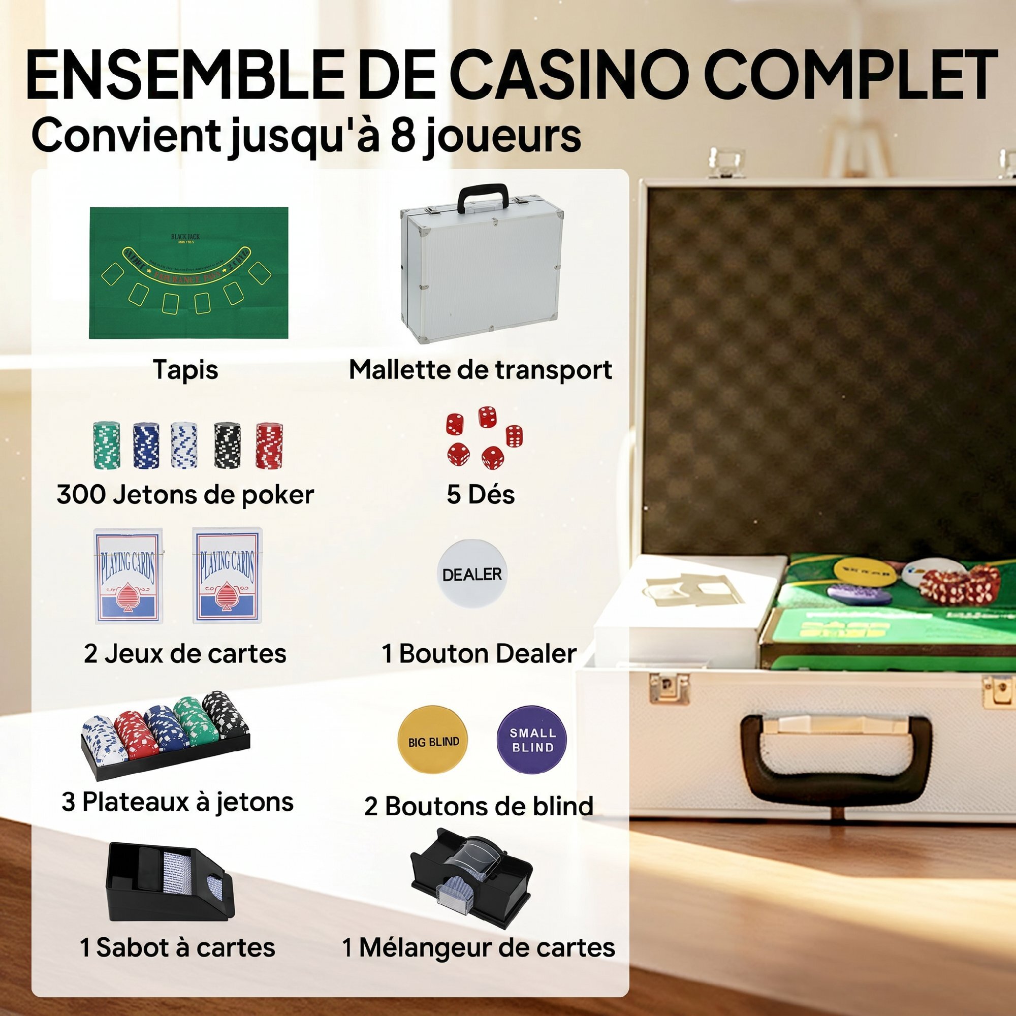 Mallette pro de poker 300 jetons 2 jeux cartes 5 dés 3 boutons sabot mélangeur tapis