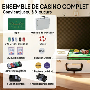 Mallette pro de poker 300 jetons 2 jeux cartes 5 dés 3 boutons sabot mélangeur tapis