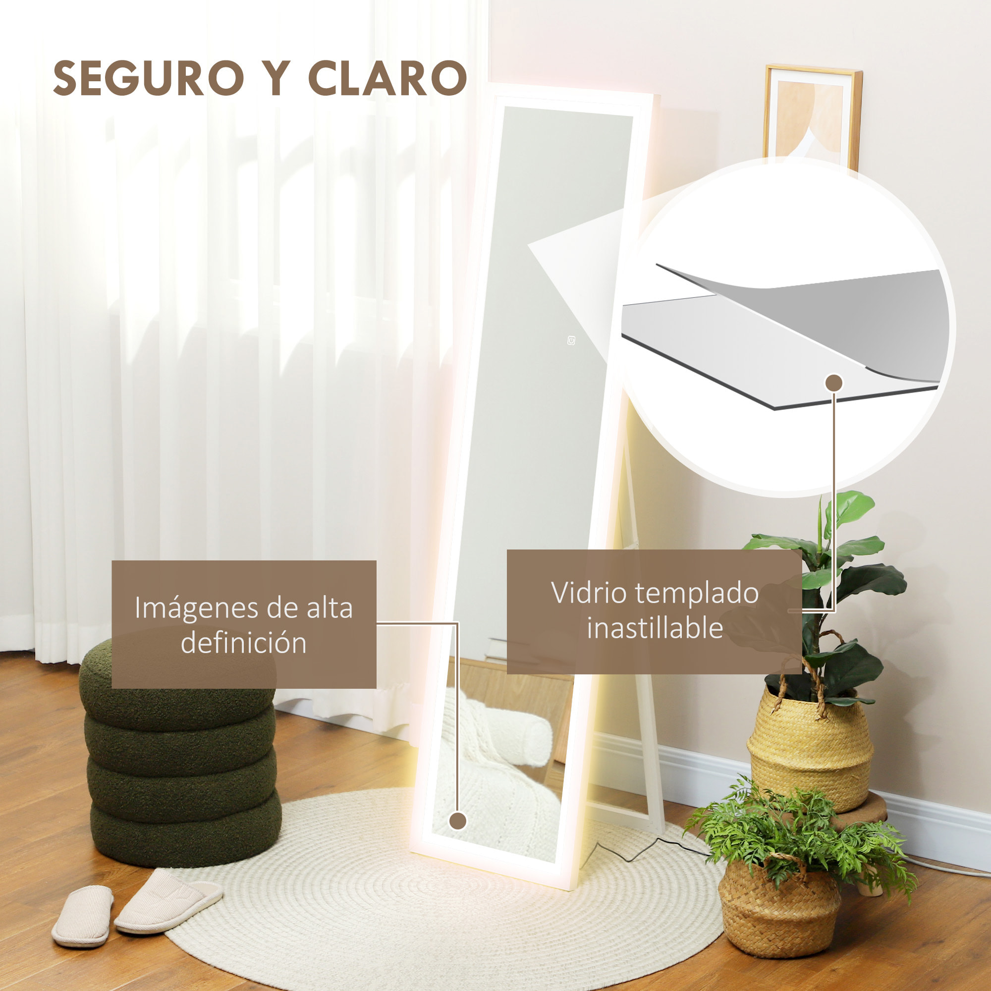 Espejo de Cuerpo Entero con Luz LED 160x40 cm Espejo de Pie o de Pared con Iluminación de 3 Colores Táctil Inteligente Función de Memoria y Soporte para Salón Dormitorio Blanco