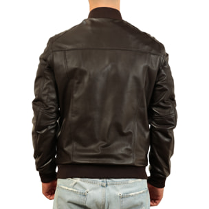 Giubbino in vera pelle di vitello foderato con trapunta invernale Marrone-Slim Fit