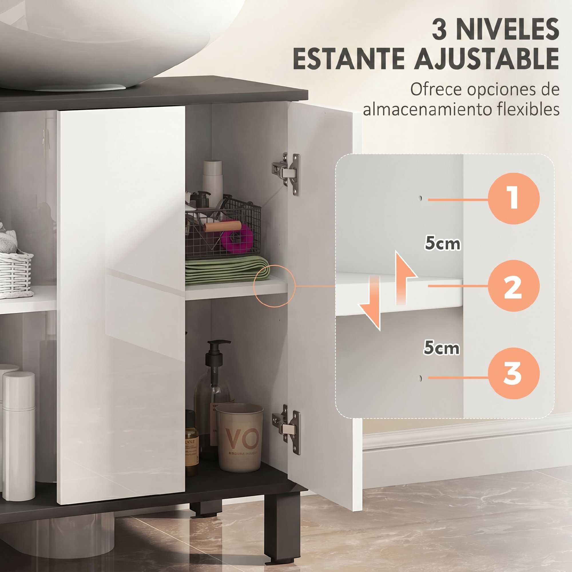 Mueble Bajo Lavabo, Mueble de Baño Compacto con Estante Ajustable, 2 Puertas, Estilo Moderno, para Lavabo con o sin Pedestal, 60x34x70 cm, Blanco Brillo