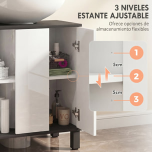 Mueble Bajo Lavabo, Mueble de Baño Compacto con Estante Ajustable, 2 Puertas, Estilo Moderno, para Lavabo con o sin Pedestal, 60x34x70 cm, Blanco Brillo