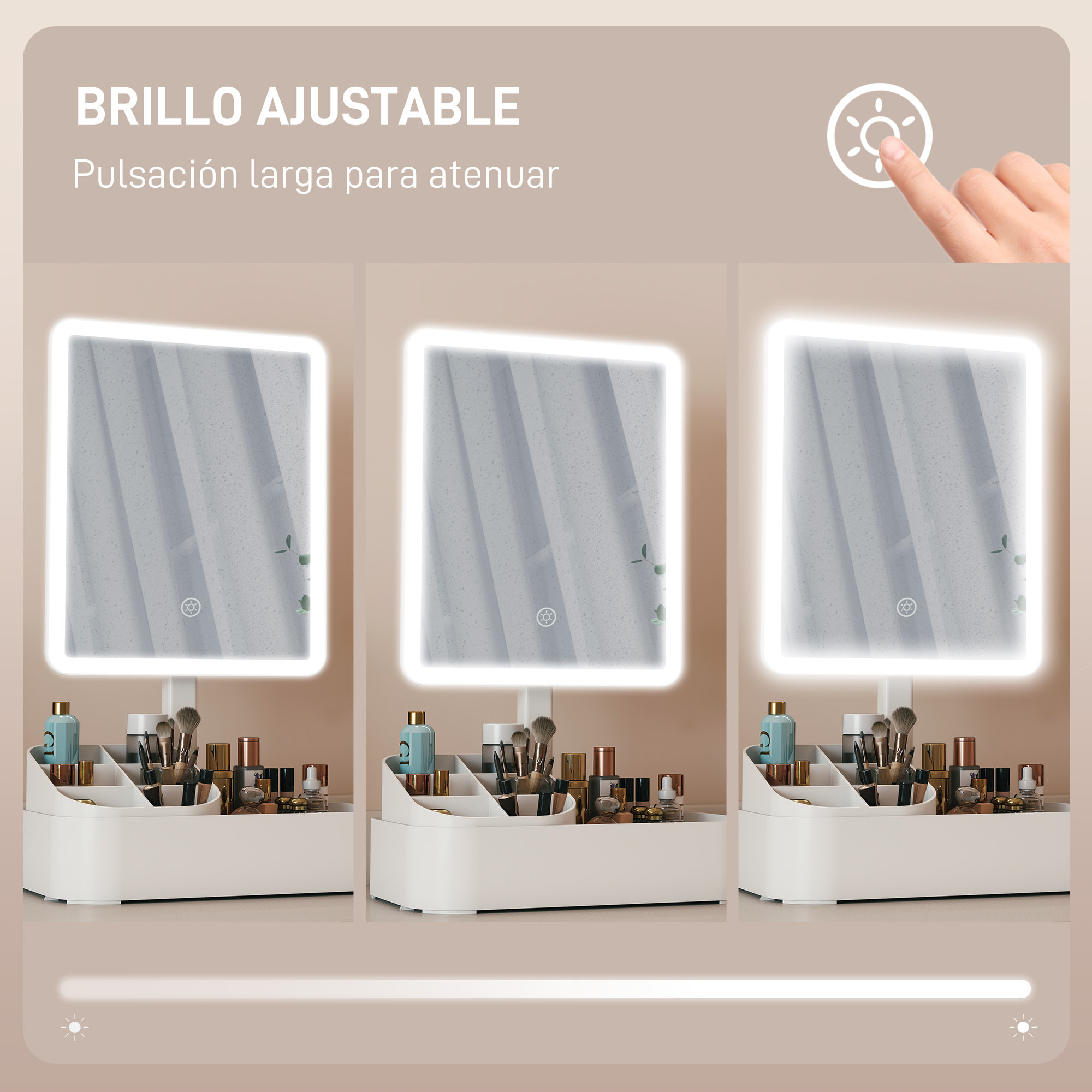 Espejo Maquillaje con Luz LED, Espejo Tocador Recargable con 2 Modos de Iluminación, Rotación de 180°, Brillo Ajustable, Compartimentos, Interruptor Táctil, para Cuidado de Piel, Blanco