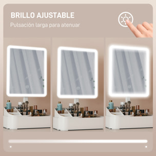 Espejo Maquillaje con Luz LED, Espejo Tocador Recargable con 2 Modos de Iluminación, Rotación de 180°, Brillo Ajustable, Compartimentos, Interruptor Táctil, para Cuidado de Piel, Blanco