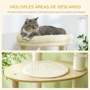 PawHut Árbol Rascador para Gatos de Madera 123,5 cm Torre Escalador para Gatos con Múltiples Plataformas Cama Desmontable y Cojines Ø54x123,5 cm Roble