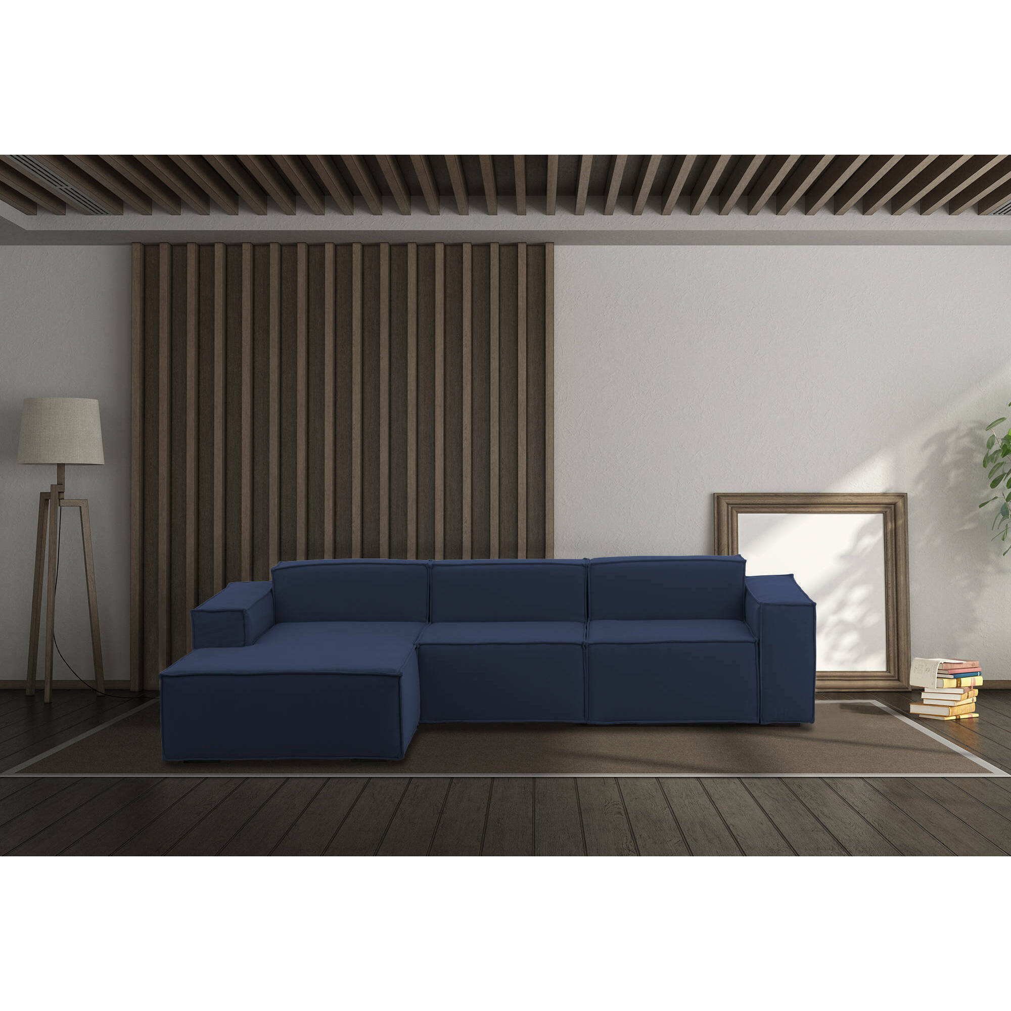 Divano fisso Jessica, Divano componibile a 3 posti con penisola sinistra, 100% Made in Italy, Sofà moderno in tessuto, Cm 300x170h70, Blu