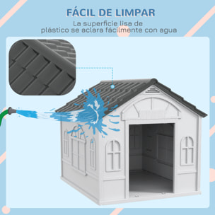 Caseta para Perros Exterior 84,2x98,2x82 cm Casa para Perros con Patrón de Ventana y Techo de Tejas de Imitación para Perros Grandes Gris y Blanco