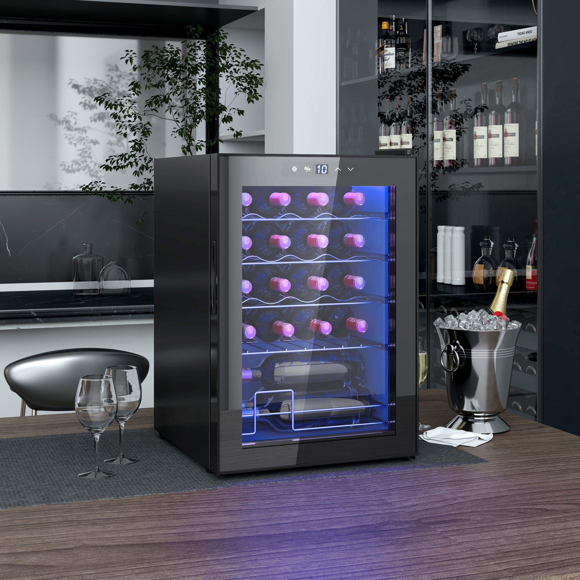 HOMCOM Vinoteca 20 Botellas, Nevera para Vinos con Compresor, Puerta de Doble Cristal Anti-UV, Temperatura 5-18°C, Pantalla Táctil, 4 Estantes Regulables, Luz LED Interior, Silenciosa 39DB, Negro
