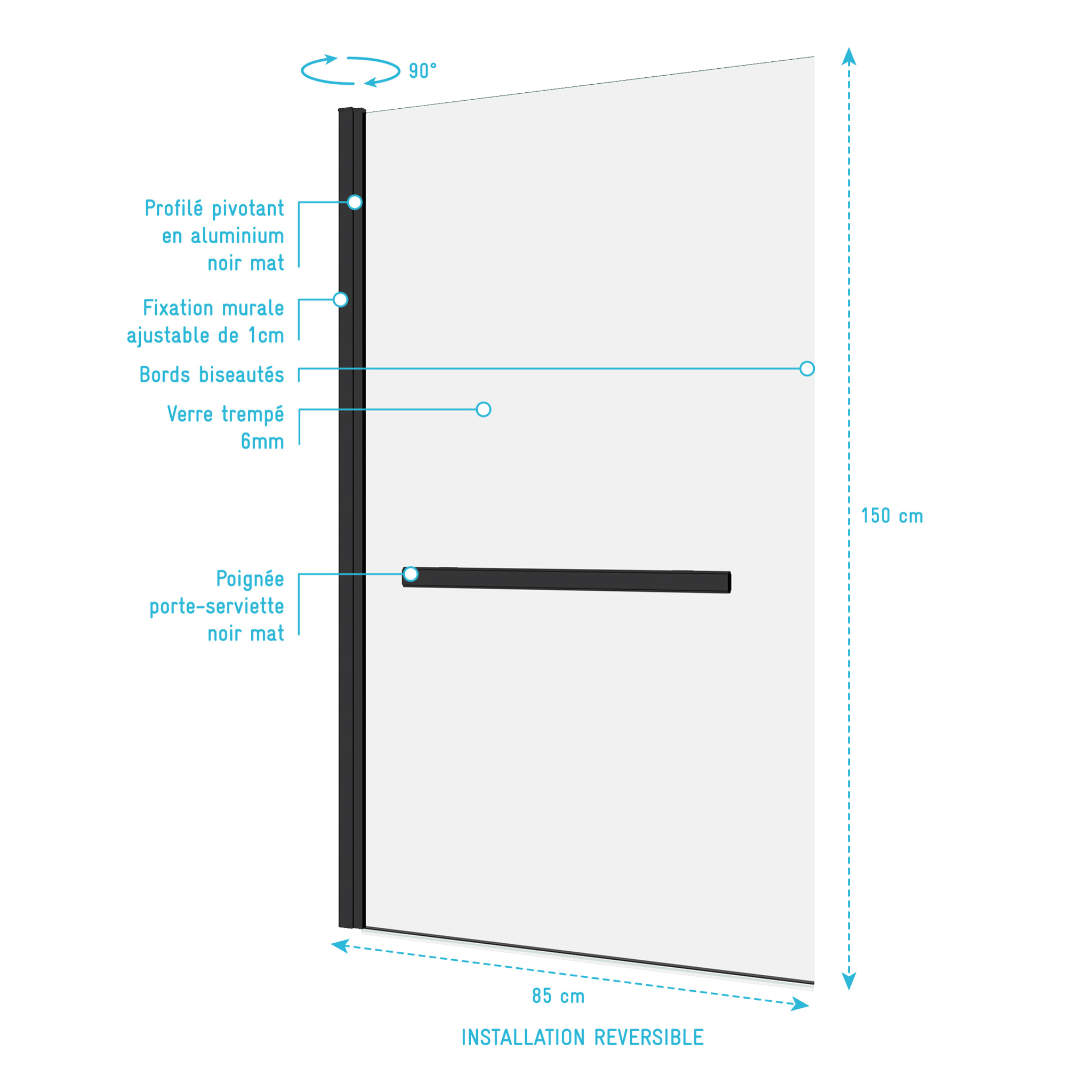 Pare baignoire Pivotant avec Porte-Serviette 85x150cm - Profilé Noir - Verre 6mm - TSHAPE DARK