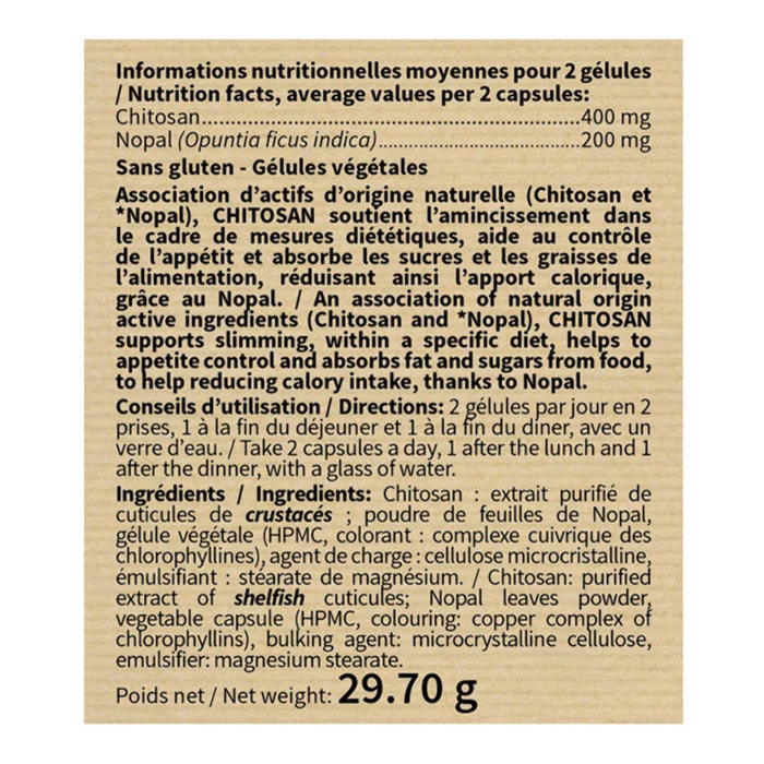 CHITOSAN - Absorbe Sucres et Graisses - Réduit l'appétit - Favorise l'amincissement - Gélules végétales - Lot de 2 produits