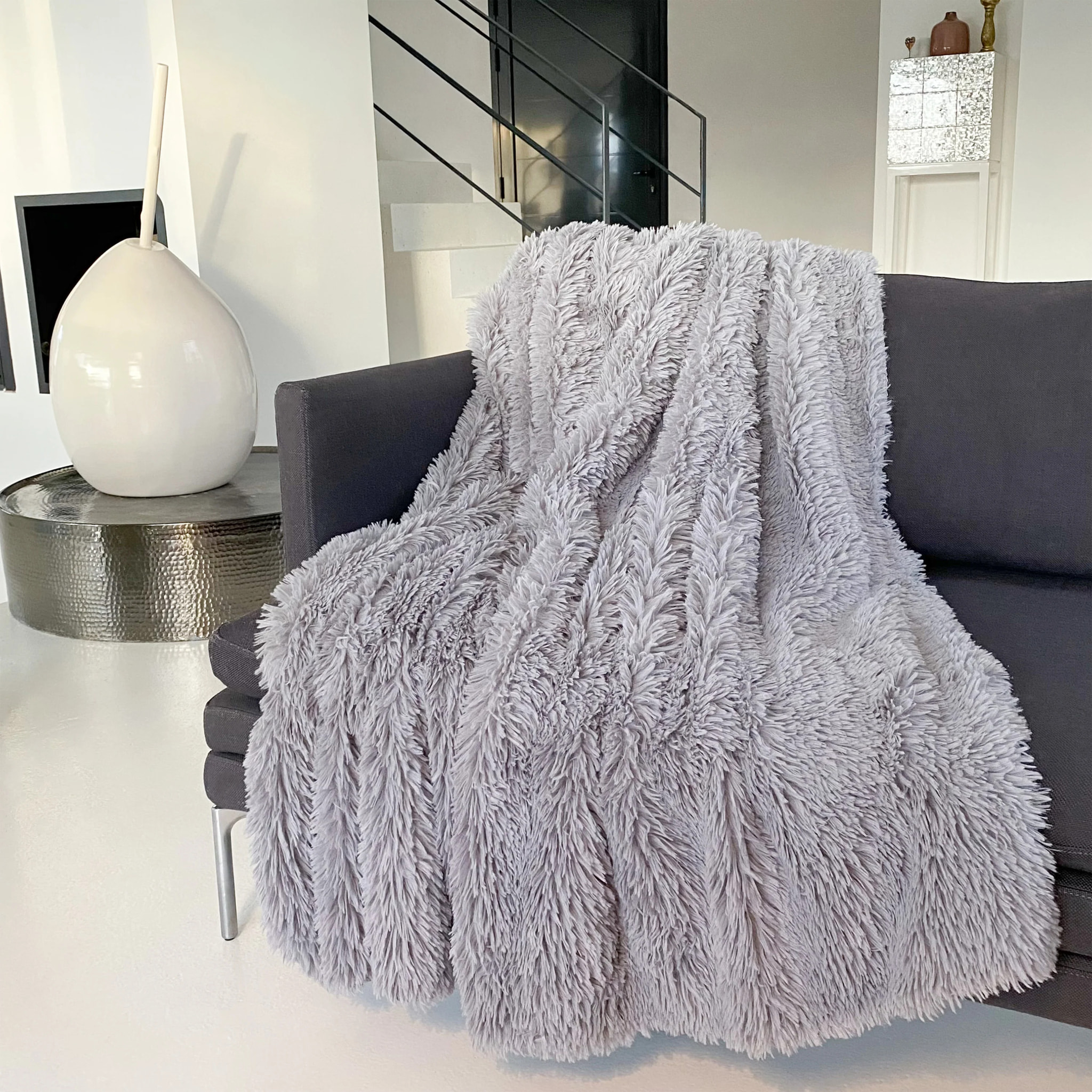 Plaid imitation poils longs - Longwool Gris Clair - 130x170cm - 450g/m²