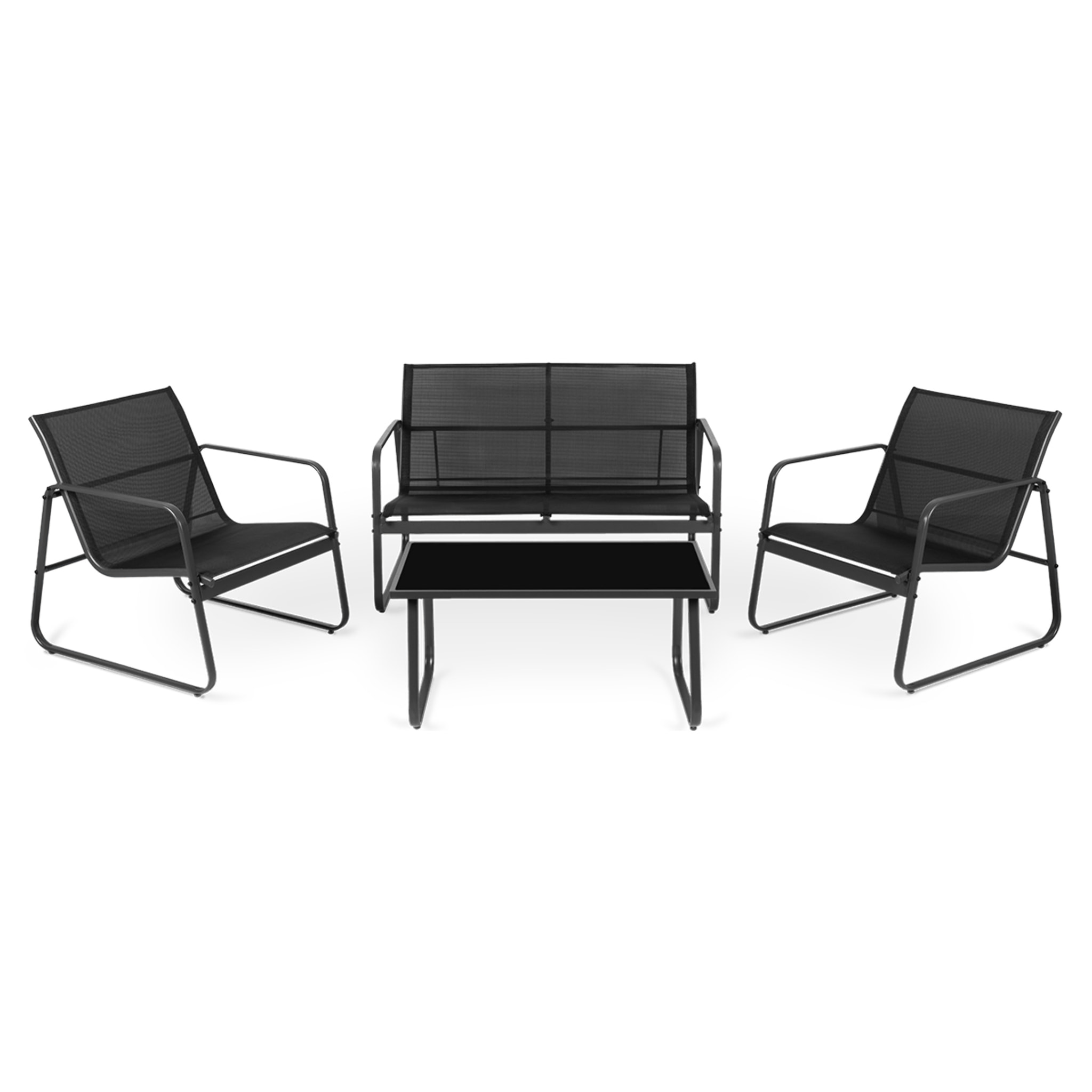 Conjunto de jardín 4 plazas, mesa centro+sofá+sillones de acero negro