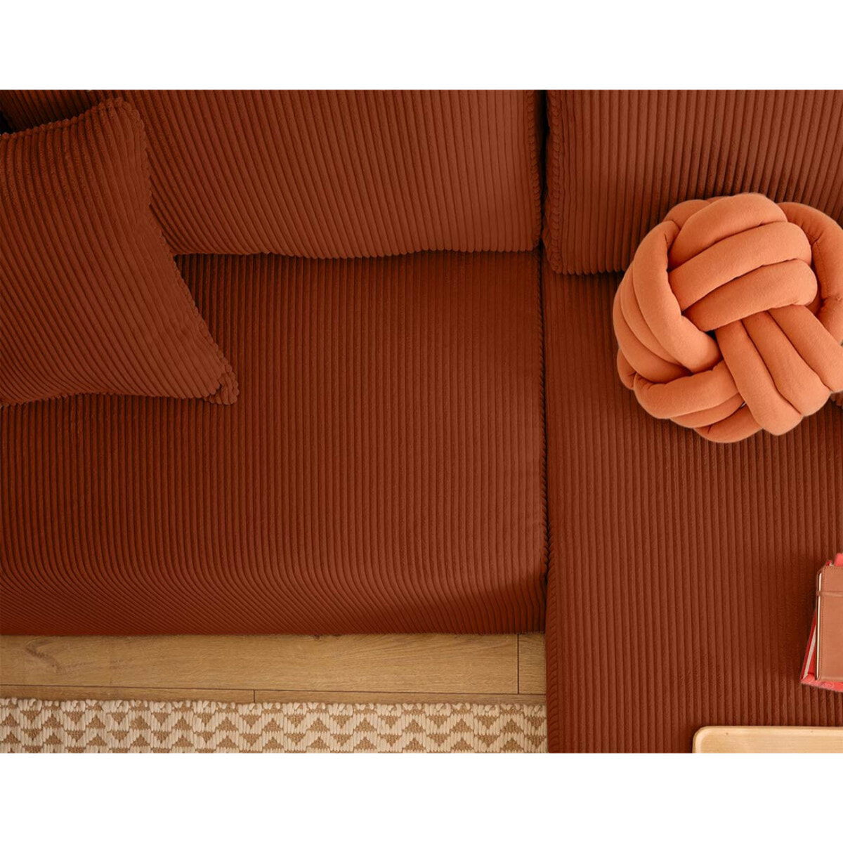 Topaze - canapé d'angle réversible 4 places - convertible avec coffre, tablette et poufs - en velours côtelé - Terracotta