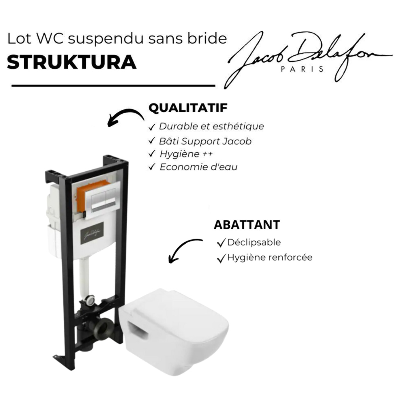 Pack WC suspendu sans bride Struktura+ bâti-support + plaque Blanc brillant/Blanc mat