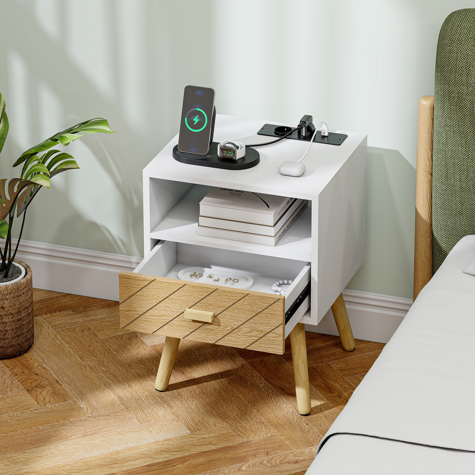 Mesita de Noche con Estación de Carga, Mesilla de Noche con Cajón, 2 Tomas AC, Puerto USB y Tipo-C, Compartimento Abierto, Patas de Madera, para Salón, Dormitorio, Blanco