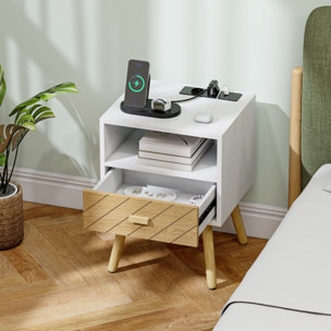 Mesita de Noche con Estación de Carga, Mesilla de Noche con Cajón, 2 Tomas AC, Puerto USB y Tipo-C, Compartimento Abierto, Patas de Madera, para Salón, Dormitorio, Blanco