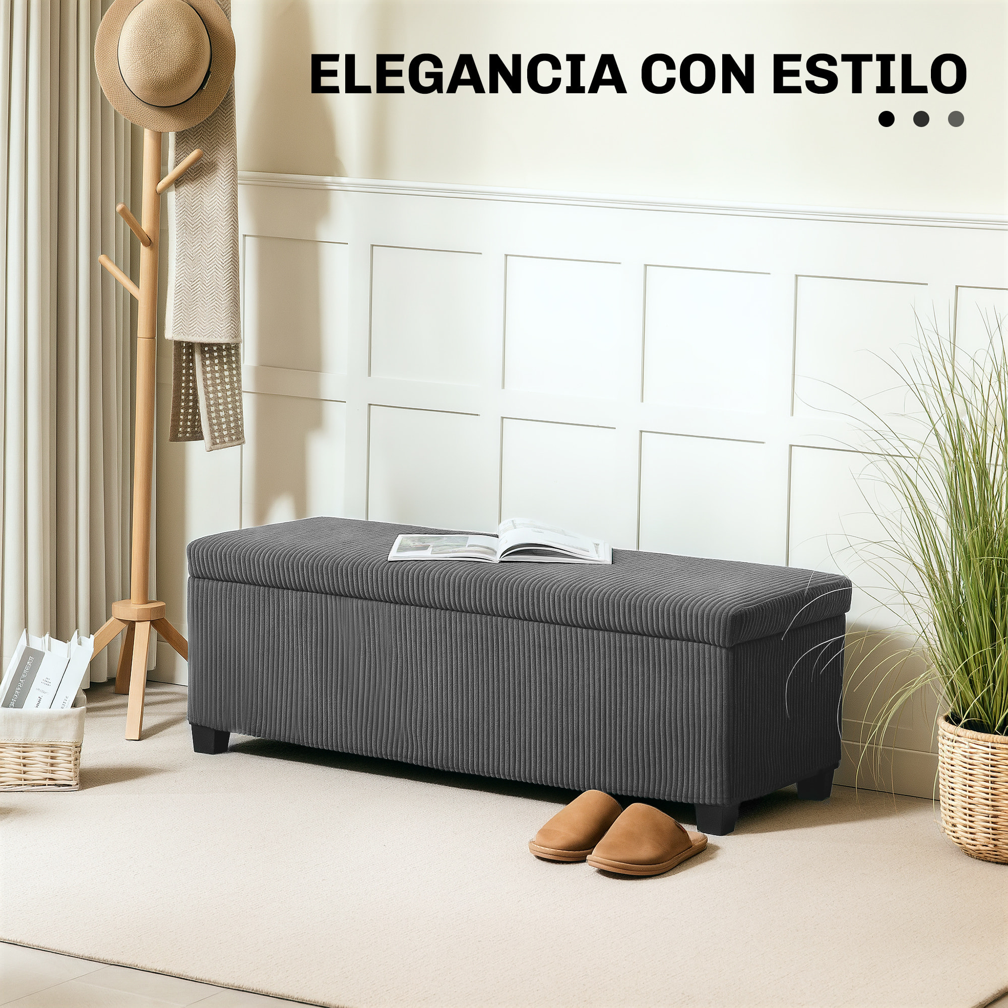 Puff Almacenaje, Banco Almacenaje Plegable, Capacidad de 84 L, 112x42x40 cm, Tapizado en Pana, Pie de Cama, para Sala de Estar, Dormitorio, Entrada, Gris