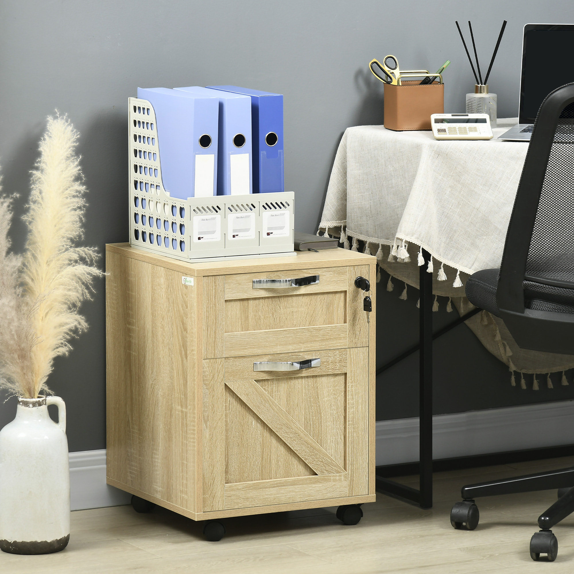Cajonera de Oficina con 2 Cajones Cajonera con Ruedas Mueble Archivador Móvil con Cerradura y Carpetas Colgantes para Tamaño A4 41x42x56 cm Natural