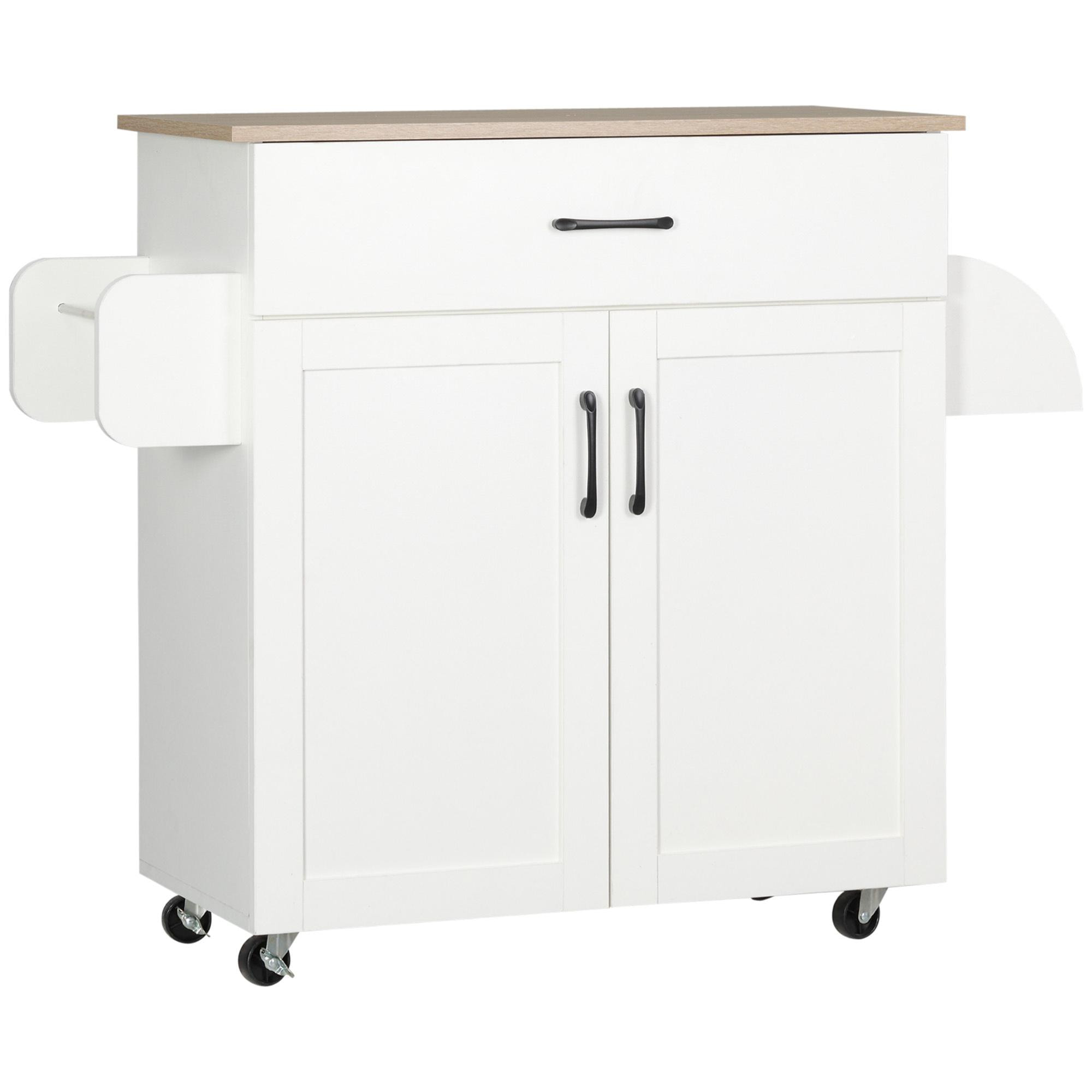 HOMCOM Carro de Cocina con 1 Cajón 2 Puertas Toallero y Especiero Carrito Auxiliar con Ruedas para Comedor Salón Bar Carga 80 kg 105x36x85 cm Blanco