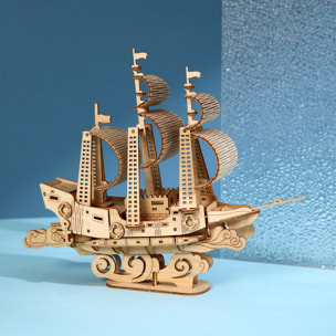 Maqueta de Madera 3D, diseño de Barco de vela con movimiento mecánico. 83 piezas.