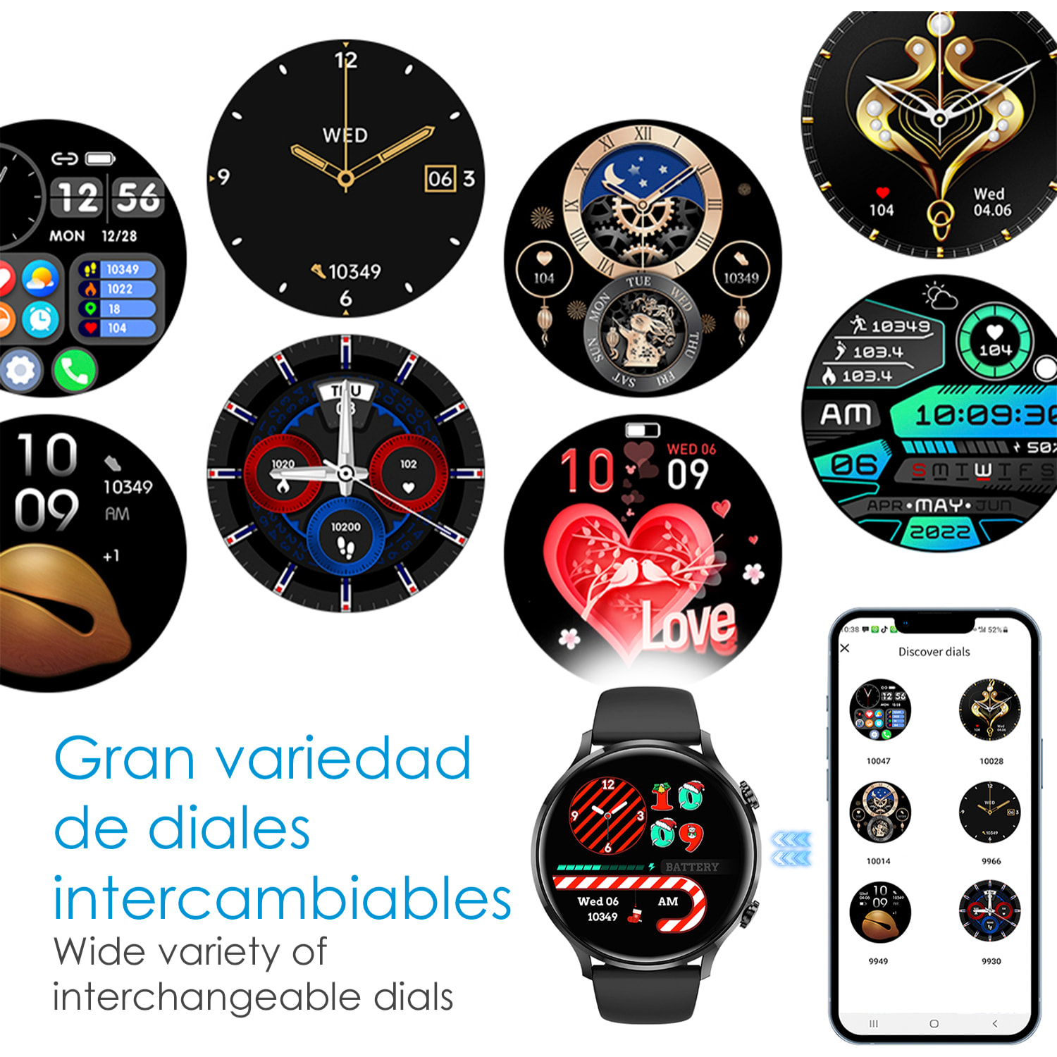 DAM Smartwatch QS40 con llamadas Bluetooth, notificaciones push. Múltiples modos deportivos, monitores de salud. 4,4x1,05x3,7 Cm. Color: Plata