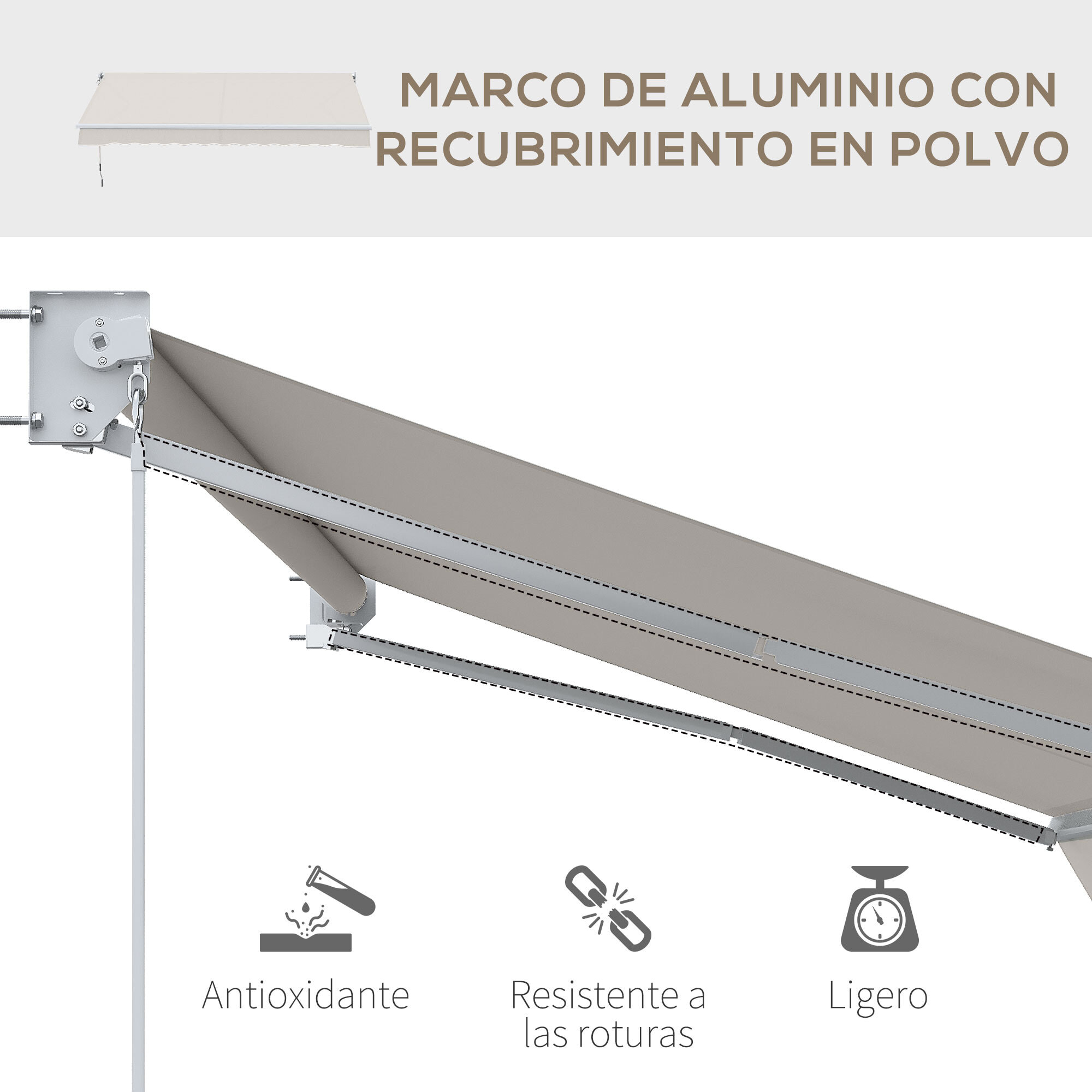 Toldo Manual Retráctil con Manivela de Aluminio 200x250 cm Toldo de Pared o Techo con Protección Solar UV50+ para Jardín Terraza Exterior Crema