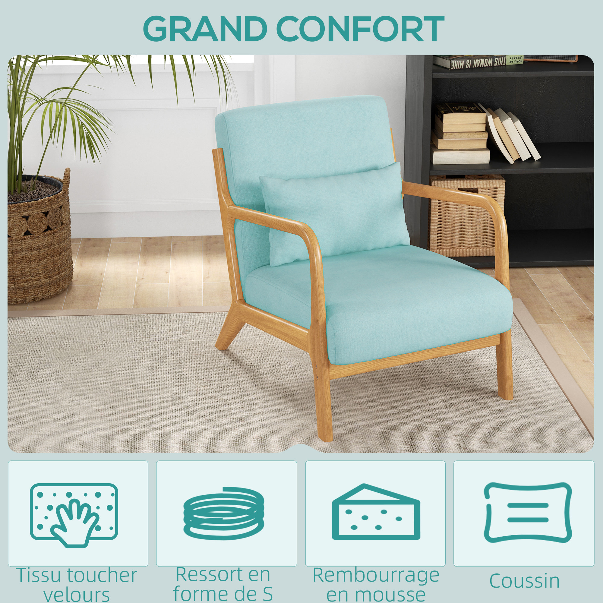 Fauteuil lounge - 3 coussins inclus - assise profonde - accoudoirs - structure bois hévéa - aspect velours turquoise